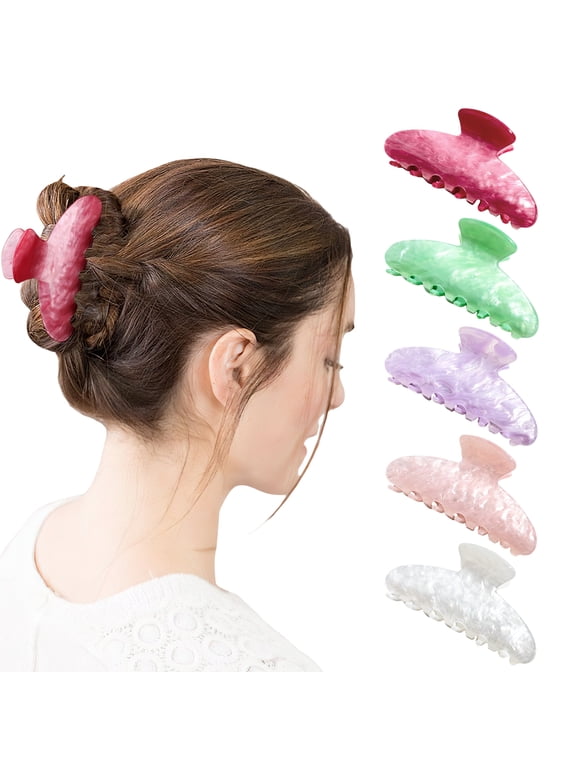 5-Pack Marbled Acrylic Claw Clips for Women, 3.5" Medium Oval Hair Clips, Non-Slip Strong Hold Jaw Clips for Thin to Medium Hair, Aesthetic Half-Up Styling Accessories (5 Water-Ripple Colors)
