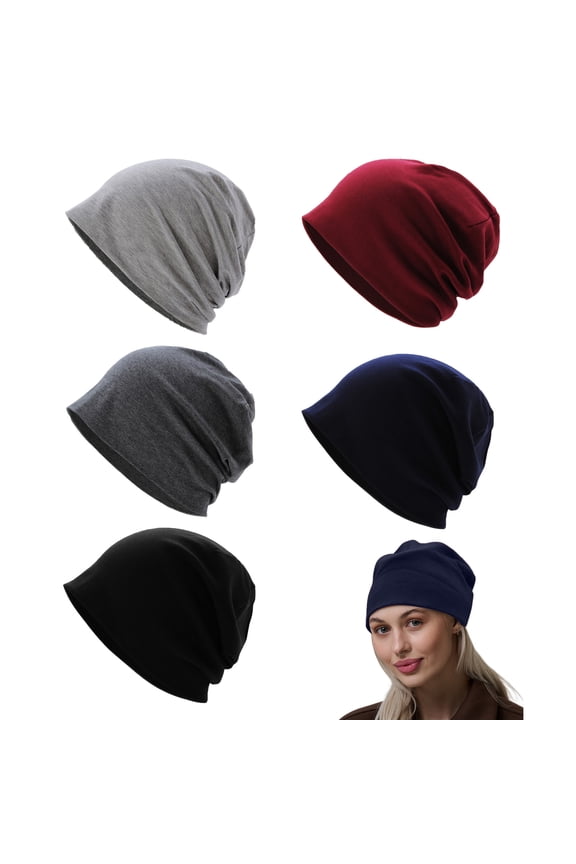 5 Pcs Cotton Slouchy Beanie for Men Women, Breathable Thin Sleep Hats for Running Cycling Hiking Fishing