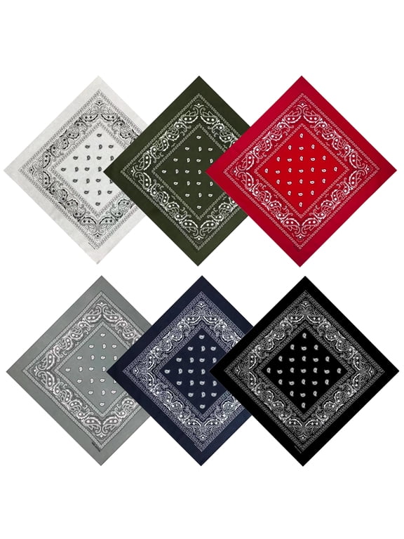 6 Pack 100% Cotton Large Bandanas for Men & Women, 27 x 27 Inch Paisley Head Scarf, Multi-Purpose Square Head Scarf