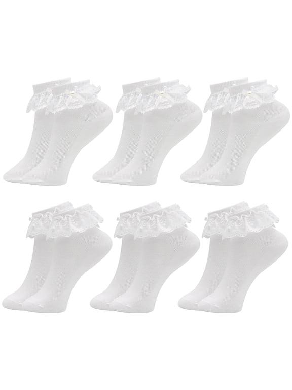 6 Pairs Girls White Frilly Socks, Cute Cotton Ruffled Trim Ankle School Socks, Comfortable Girls Frilly Ankle Socks, Vintage Bows Kids Frilly Socks, Beautiful White Communion Socks for Girls