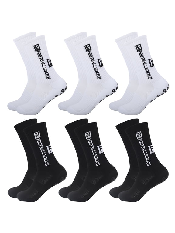 6 Pairs Grip Soccer Socks for Men, Non Slip Sports Football Basketball Yoga Socks with Grip Pads(White, Black)