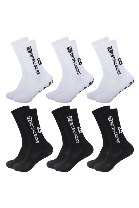 6 Pairs Grip Soccer Socks for Men, Non Slip Sports Football Basketball Yoga Socks with Grip Pads(White, Black)