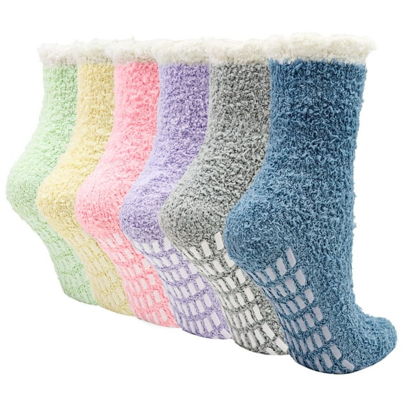 GIRACOA 6 Pairs Non Slip Hospital Socks for Women, Cozy Fuzzy Slipper Socks with Grip for Women Gifts