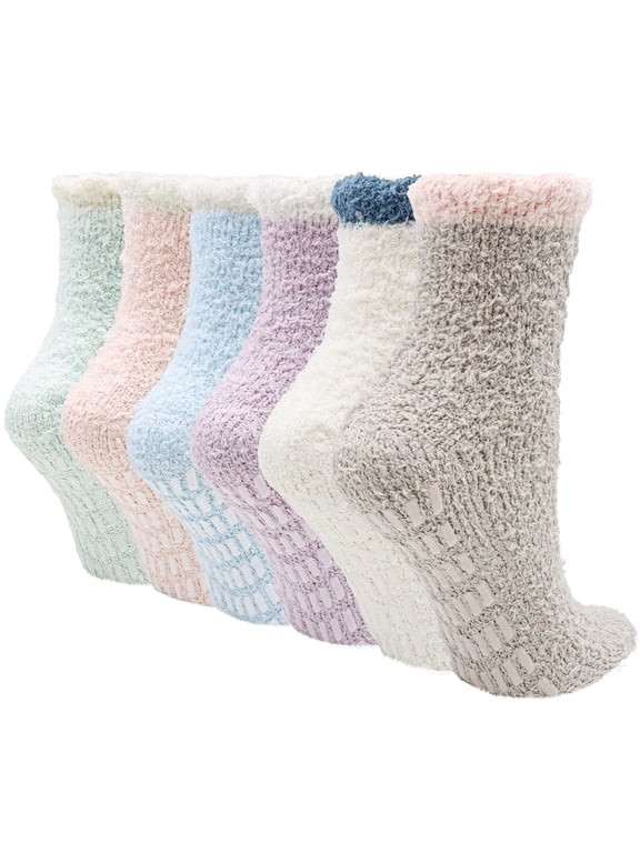 6 Pairs Non Slip Hospital Socks for Women, Cozy Fuzzy Slipper Socks with Grip for Women Gifts