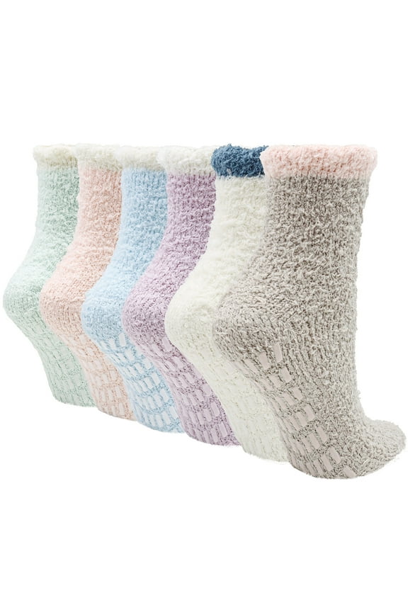 6 Pairs Non Slip Hospital Socks for Women, Cozy Fuzzy Slipper Socks with Grip for Women Gifts