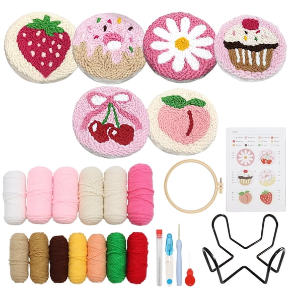 GIRACOA 6PCS Punch Needle Coaster Kit,Easy DIY Embroidery Set for Beginners, Tools, Yarns, Hoop, Instructions & Coaster Holder