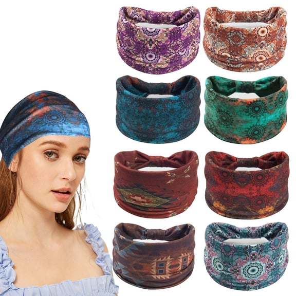 GIRACOA 8 PCS Wide Headbands for Women, Boho Knotted Turban Head Wraps, Soft Stretchy Yoga Workout Hair Bands for Hairline Coverage & Sports
