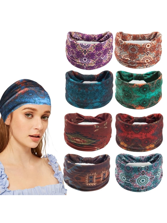 8 PCS Wide Headbands for Women, Boho Knotted Turban Head Wraps, Soft Stretchy Yoga Workout Hair Bands for Hairline Coverage & Sports