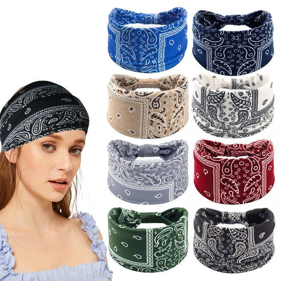 GIRACOA 8 PCS Wide Headbands for Women, Boho Knotted Turban Head Wraps, Soft Stretchy Yoga Workout Hair Bands for Hairline Coverage & Sports