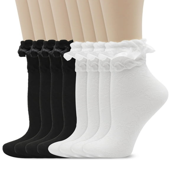 GIRACOA 8 Pairs Lace Ruffle Frilly Ankle Socks for Women, Ruffle Frilly Lolita Sock with A Laundry Bag(White, Black)