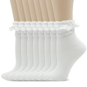 GIRACOA 8 Pairs Lace Ruffle Frilly Ankle Socks for Women, Ruffle Frilly Lolita Sock with A Laundry Bag(White)
