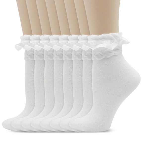 GIRACOA 8 Pairs Lace Ruffle Frilly Ankle Socks for Women, Ruffle Frilly Lolita Sock with A Laundry Bag(White)