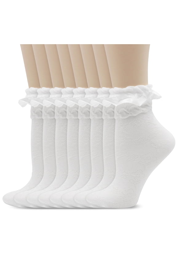 8 Pairs Lace Ruffle Frilly Ankle Socks for Women, Ruffle Frilly Lolita Sock with A Laundry Bag(White)