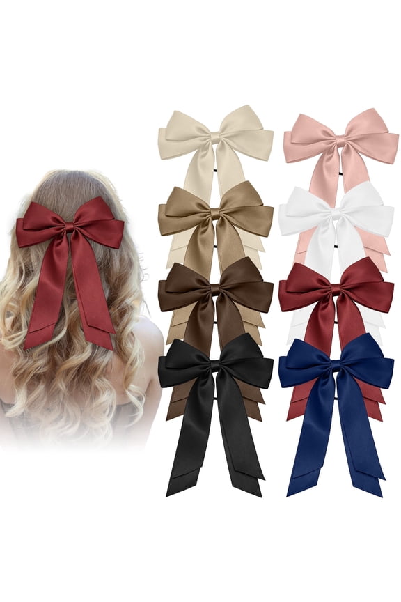 8 Pcs Bow Hair Ties for Women & Girls - Premium Satin Long Ribbon Streamer Scrunchies -9 x 5.5 in Large Silk-Like Bows - No Damage Elastic Ponytail Holders for Wedding, Party & Daily Wear