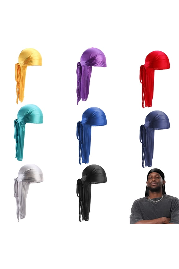 8 Pieces Silky Satin Durags – Extra Long Tails for Secure Fit, Unisex Design for Men & Women (Ideal for 360 Waves)
