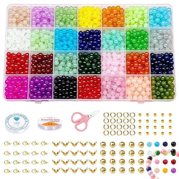 GIRACOA 920-Piece Glass Bead for Jewelry Making Kit - 28 Colors 8mm Faux Jade Chalcedony Round Beads Set - All in One Bracelet Making Kit Organizer Box with 220 Jewelry Findings, Scissors
