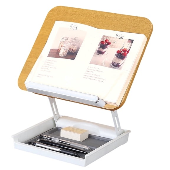 GIRACOA Adjustable Wood Book Stand for Reading with Integrated Storage Base - Ergonomic Desktop Riser for Textbooks, Tablets & Laptops - Foldable Design for Home Office & Kitchen (White Wood Grain)