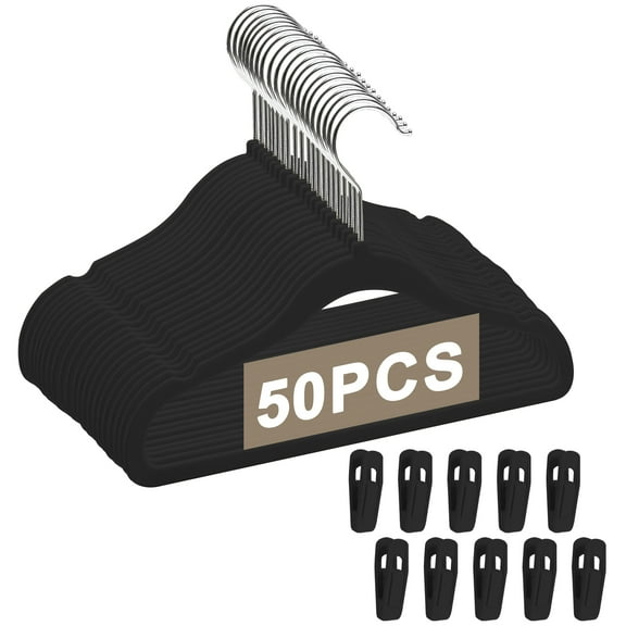 GIRACOA Baby Velvet Hangers(11inch - 50 Pcs), Premium Non Slip Kids Felt Hangers for Clothes for Toddler Kids' Closet with 10 Velvet Hanger Clips - Black