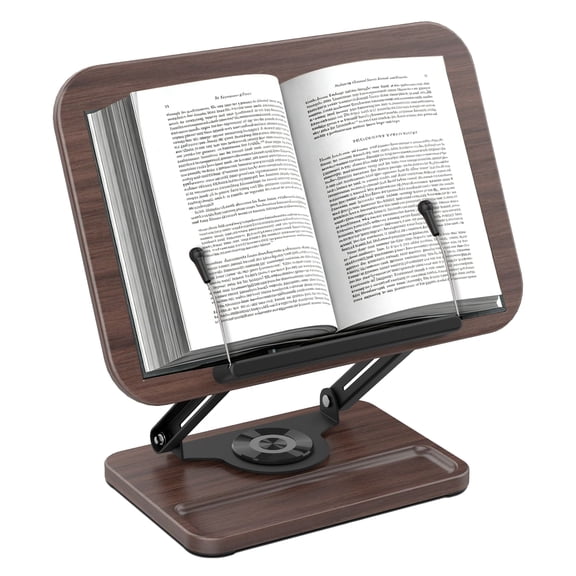 GIRACOA Book Stand for Reading, 360° Rotating Adjustable Desktop Stand with Storage Tray, Foldable Book Holder for Cookbook Tablet Laptop Sheet Music, Wood Grain Metal Stand for Office Kitchen Home