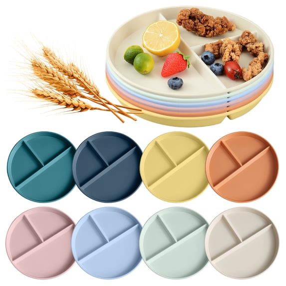GIRACOA Divided Plates for Adults – 8 Pcs 9-Inch Reusable Wheat Straw Plates, 3-Compartment Food Separator Dinner Plates