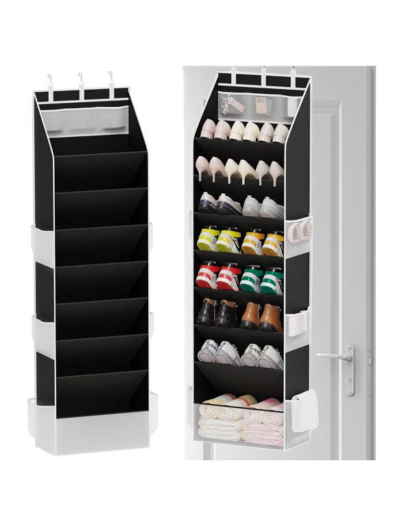 Over The Door Shoe Organizer, 8-Tier 70.9" x 16.3"Hanging Storage with 3 Top Pockets & 6 Side Mesh Pockets, Large Oxford Cloth Shoe Rack for Closet Dorm, Fit Boots Sneakers (Black)