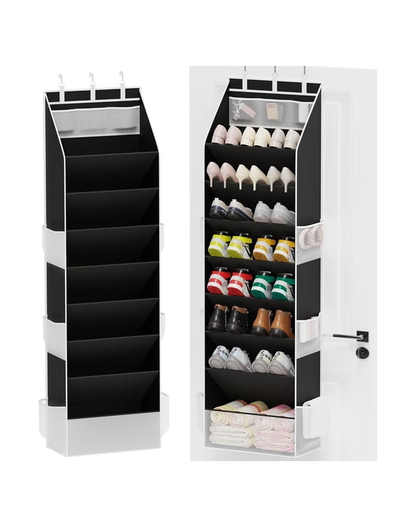 Over the Door Shoe Organizer with 8 Tiers & 9 Extra Pockets, Heavy Duty Oxford Cloth Hanging Shoe Rack for 24 Pairs Sneakers, Heels and Accessories, Black