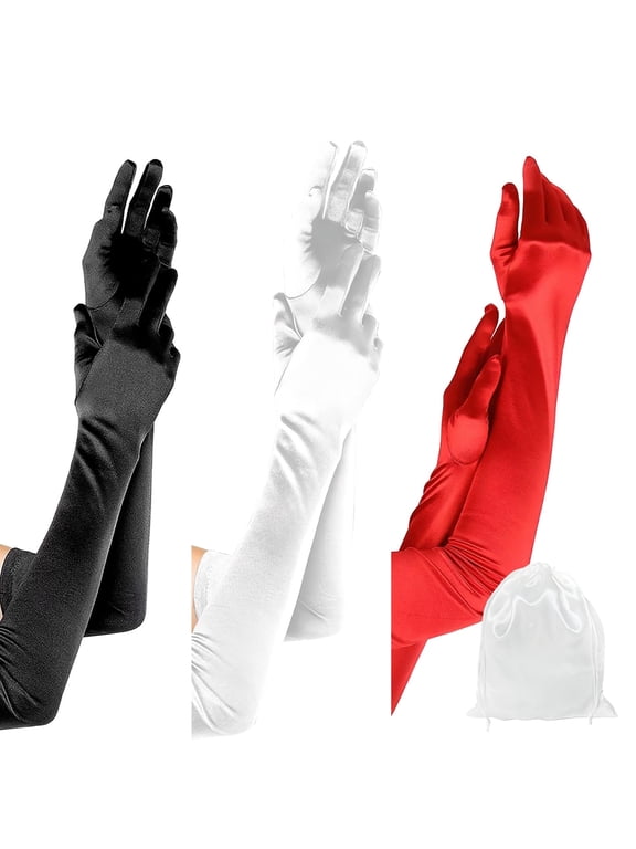 GIRACOA Elegant Formal Satin Opera Gloves for Women, 3 Pairs - White, Red, Black