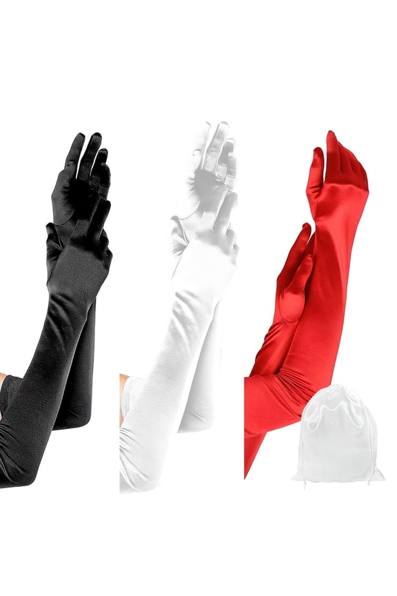 GIRACOA Elegant Formal Satin Opera Gloves for Women, 3 Pairs - White, Red, Black