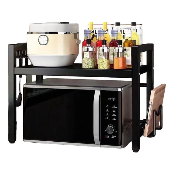 GIRACOA Extendable Microwave Oven Stand, 2-Tier Adjustable Kitchen Countertop Organizer with Cutting Board & Knife Holder, Heavy Duty Carbon Steel Rack with 6 Hooks
