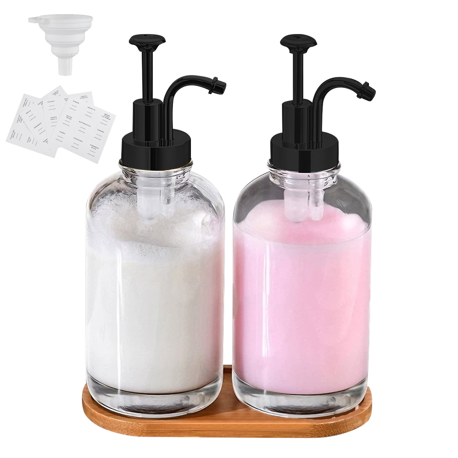 GIRACOA Glass Soap Dispenser with Black Pump, 2 Pack Clear Foam Pump Soap Dispenser with Bamboo Tray 500ml 18oz / Each Bottle