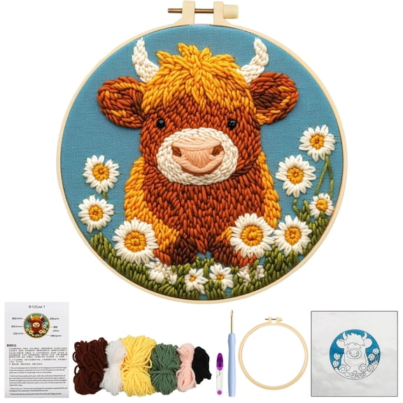 GIRACOA Punch Needle Kit for Beginners, Embroidery Art, Complete Starter Set with Punch Needle Tool, Pre-Printed Fabric, Yarn, Hoop & Guide | DIY Craft, Home Decor, Relaxing Gift (Cow)