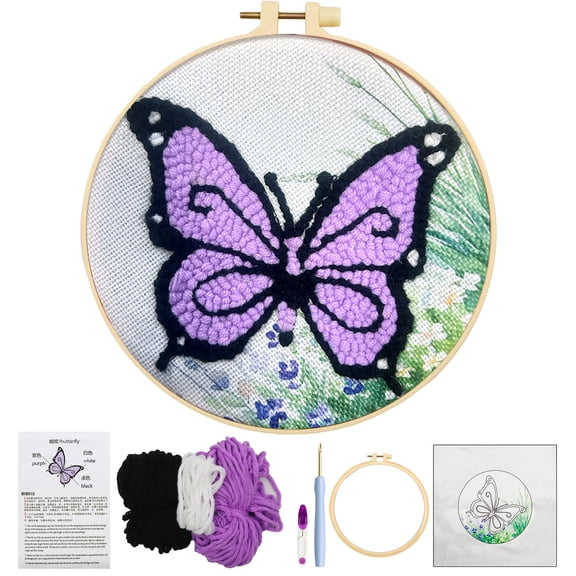 GIRACOA Punch Needle Starter Kit for Beginners - DIY Magic Needle Embroidery Kit with Stamped Animal Patten- Complete Rug Hooking Set with 8-Inch Hoop, Premium Yarn, and Instructions (Butterfly)