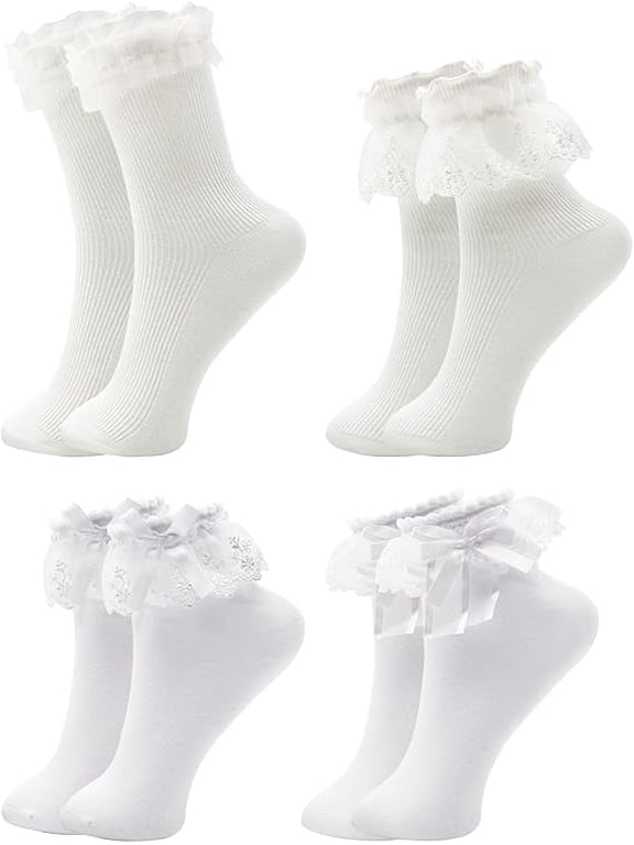 White Frilly Socks Women Girls Lace Socks with Bowties, White Ruffle Socks Beautiful Frilly Socks Cotton Socks Princess Style Dress Socks for Ladies Girls, Sports and Leisure