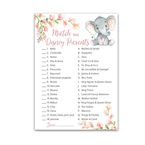 GIRL Baby Shower Game CARTOON PARENT MATCH Baby Shower Game Pack of 25 Floral PINK Elephant Baby Shower Game, Match Famous Cartoon Parents Fun Shower Activity, Star Kids Match Game G530-DPM