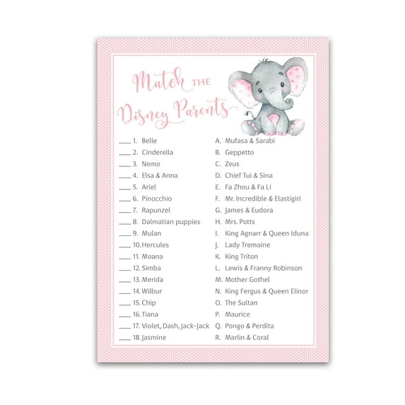 GIRL Baby Shower Game — CARTOON PARENT MATCH Baby Shower Game — Pack of 25 — PINK Elephant Match Famous Cartoon Parents Fun Shower Activity, Star Kids Match Game Little Peanut Couples Shower G500-DPM