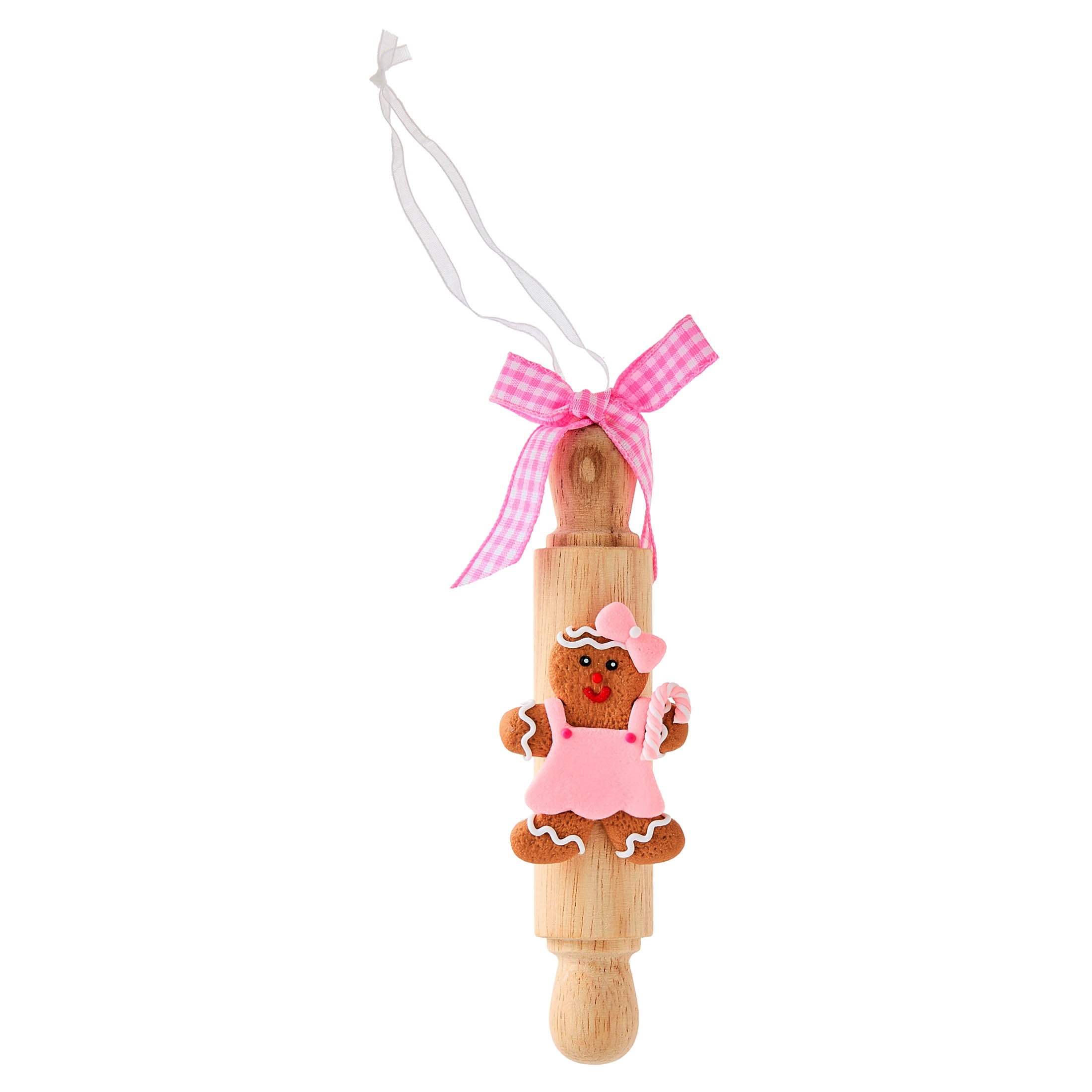 Pink and White Clay Dough Gingerbread Girl Rolling Pin Christmas Ornament, 5.3", by Holiday Time