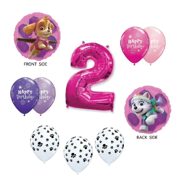 GIRL'S PAW PATROL 2nd Birthday Balloons Age Two 2 Skye and Everest Pink Dog Birthday Balloon Kit Party Supplies Decorations - 10pc