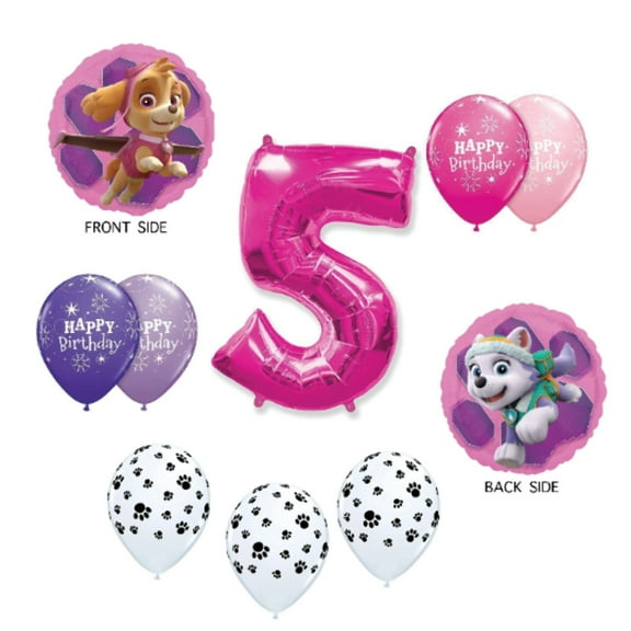 GIRL'S PAW PATROL 5th Birthday Balloons Age Five 5 Skye and Everest Pink Dog Birthday Balloon Kit Party Supplies Decorations - 10pc