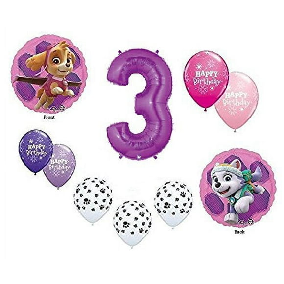 GIRL'S PAW PATROL Dog 3rd #3 THIRD Purple 10 Piece Birthday Party Mylar Latex Balloons Set...Plus (1) 66' Roll of Curling Balloon Ribbon