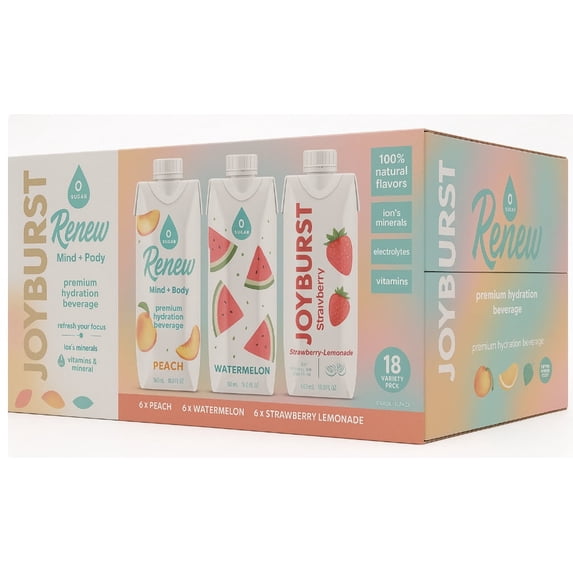 Joyburst Renew Hydration, Variety Pack, 16.9 fl oz, 18 ct 6-Peach, 6-Watermelon, 6-Strawberry-Lemonade