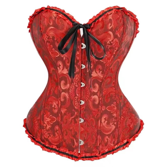 GIRLQUEEN Women Vintage Jacquard Strapless Corset , Women Sweetheart Neck Ruffle Trim Waist Cincher Bustier with Bow Decor, Party Daily Wear,Red