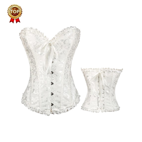 GIRLQUEEN Women Vintage Jacquard Strapless Corset , Women Sweetheart Neck Ruffle Trim Waist Cincher Bustier with Bow Decor, Party Daily Wear,White