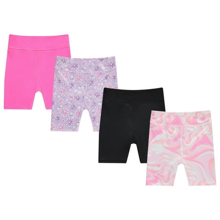 BTween Girls’ 4-Pack Bike Shorts – Stretchy, Soft High-Waist Athletic Shorts for Kids with Fun Prints & Colors