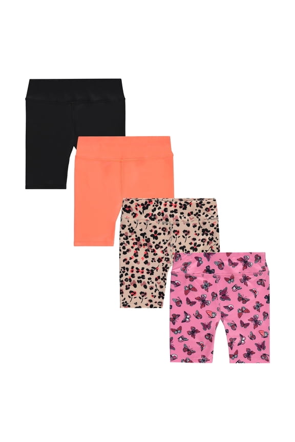 Girls 4 Pack Bike Shorts Stretchy, Soft High Waist Athletic Shorts for Kids with Fun Prints Colors Ideal for Dance, Play, Biking, or Everyday Wear (Sizes 4-14)