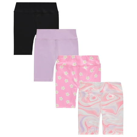 BTween Girls’ 4-Pack Bike Shorts – Stretchy, Soft High-Waist Athletic Shorts for Kids with Fun Prints & Colors