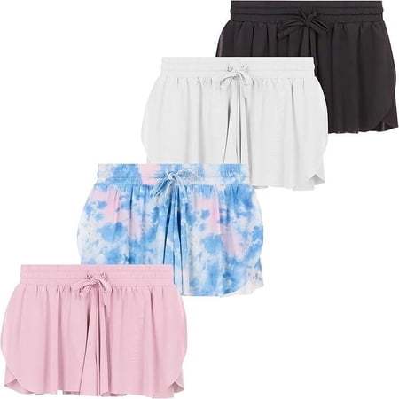 BTween Girls 4 Pack Butterfly Shorts Lightweight Flowing Athletic Shorts with Elastic Waist Drawstring, Ice, 6