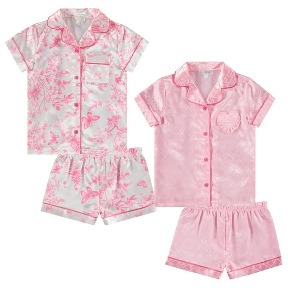 BTween Girls Satin Pajama Set 4-Pack, Short Sleeve Button-Down Sleepwear for Kids, Soft and Breathable Nightwear