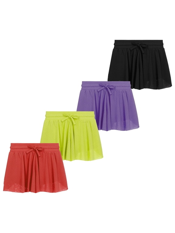 Girls 4 Pack Mesh Athletic Butterfly Shorts – Lightweight Sports Shorts with Lining & Drawstring Waistband for Active Kids
