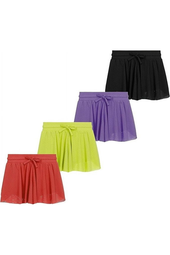 4 Pack Girls Mesh Athletic Butterfly Shorts Lightweight Sports Shorts for Girls with Lining Drawstring Waistband, Blue, 12