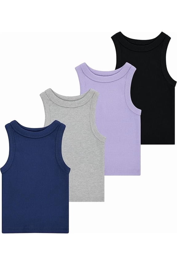Girls 4 Pack Ribbed Tank Tops Sleeveless Cotton Blend Tees for Everyday Wear, Layering, or Summer Outfits, Blue, 7